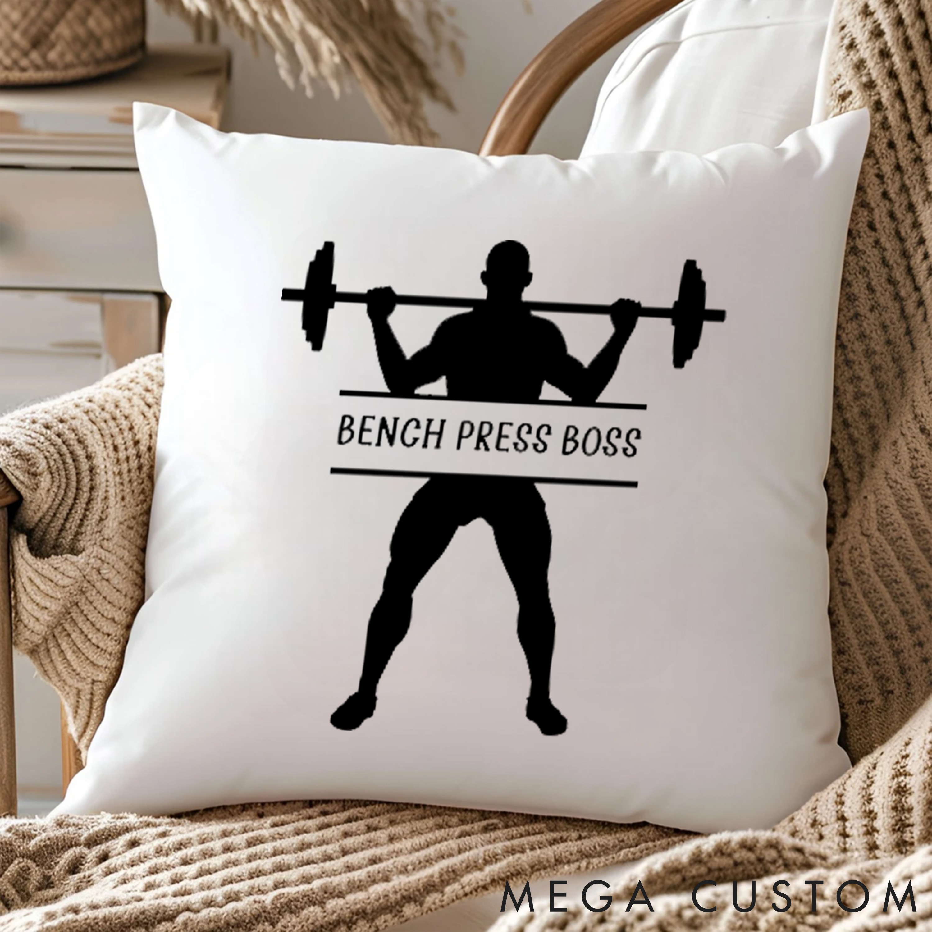 Personalized Bench Press Boss Pillow with Bold Weightlifting Design for Fitness Enthusiasts Bodybuilders and Gym Lovers