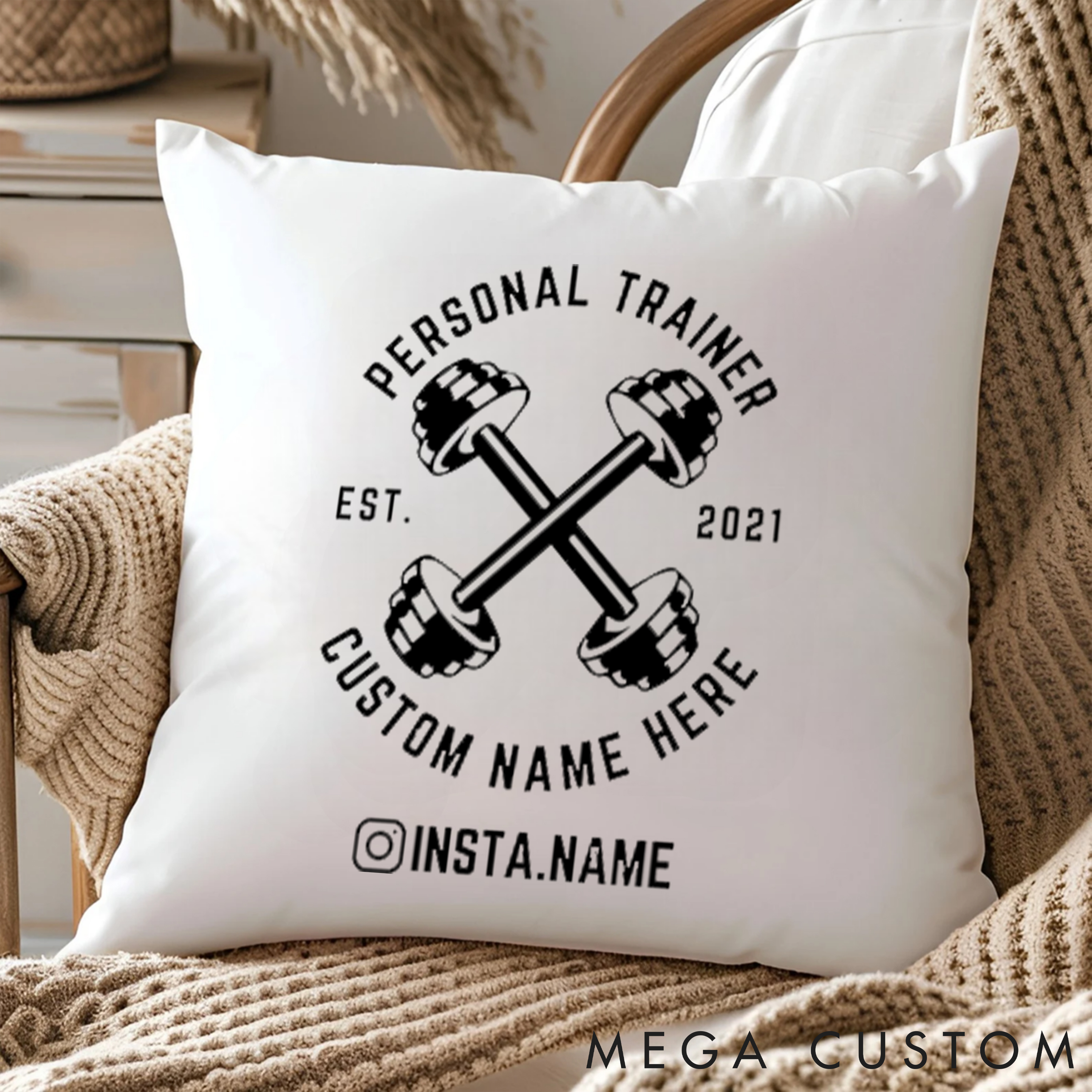 Personalized Personal Trainer Pillow with Dumbbell Design with Your Name for Fitness Enthusiasts Bodybuilders and Gym Lovers