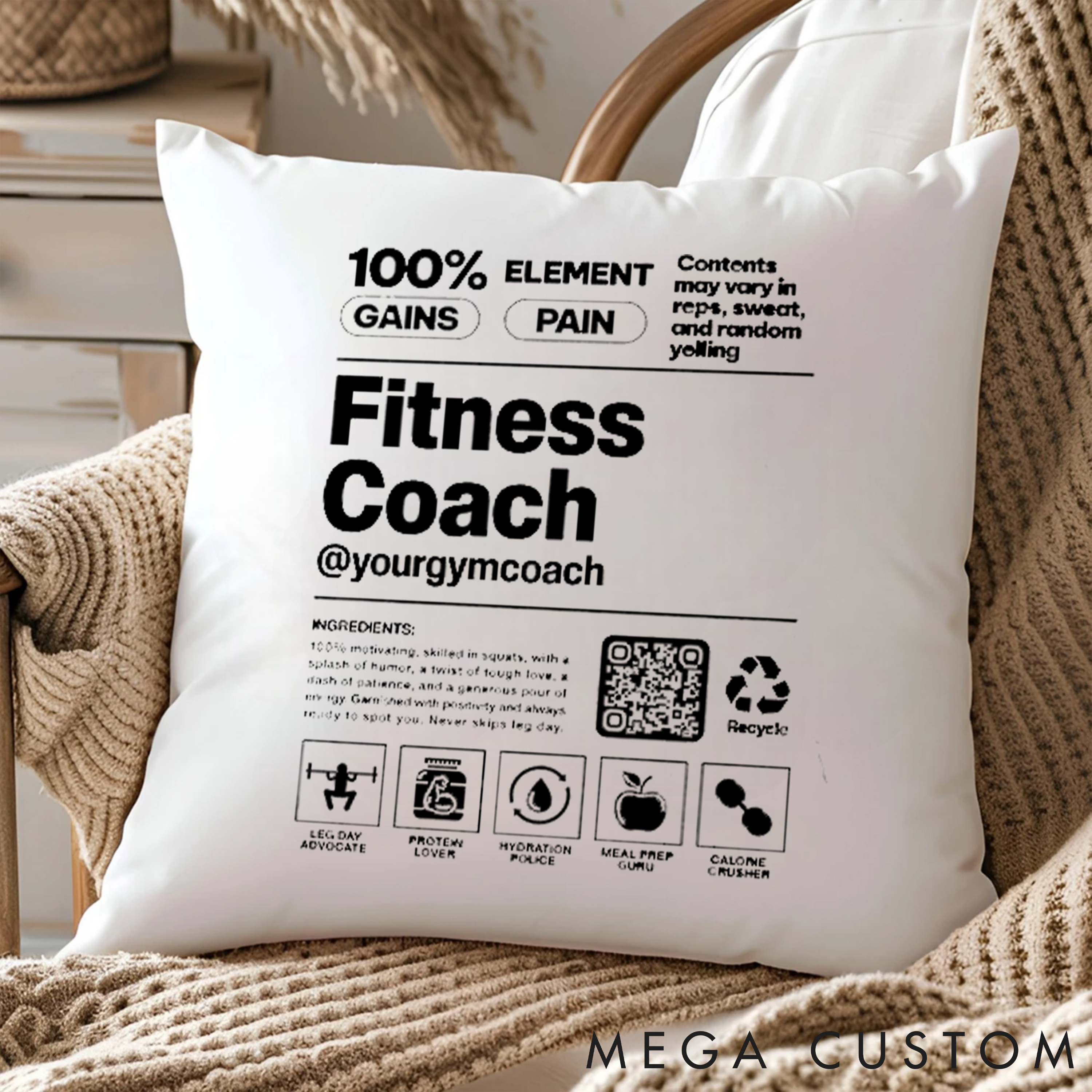 Personalized Fitness Coach Pillow with 100% Gains and Pain for Fitness Enthusiasts Bodybuilders and Gym Lovers