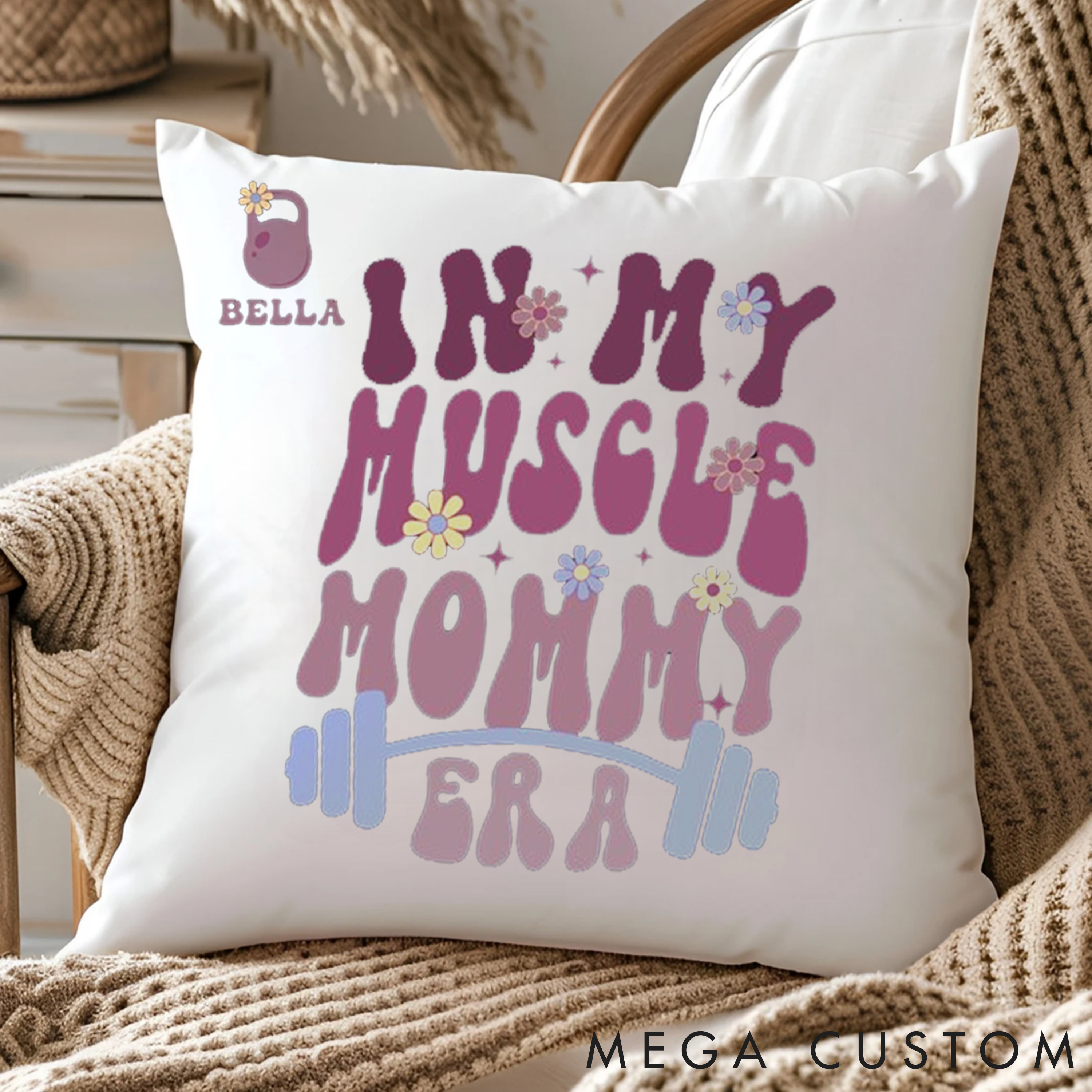 Personalized Funny Fitness Pillow with In My Muscle Mommy Era for Fitness Enthusiasts Bodybuilders and Gym Lovers