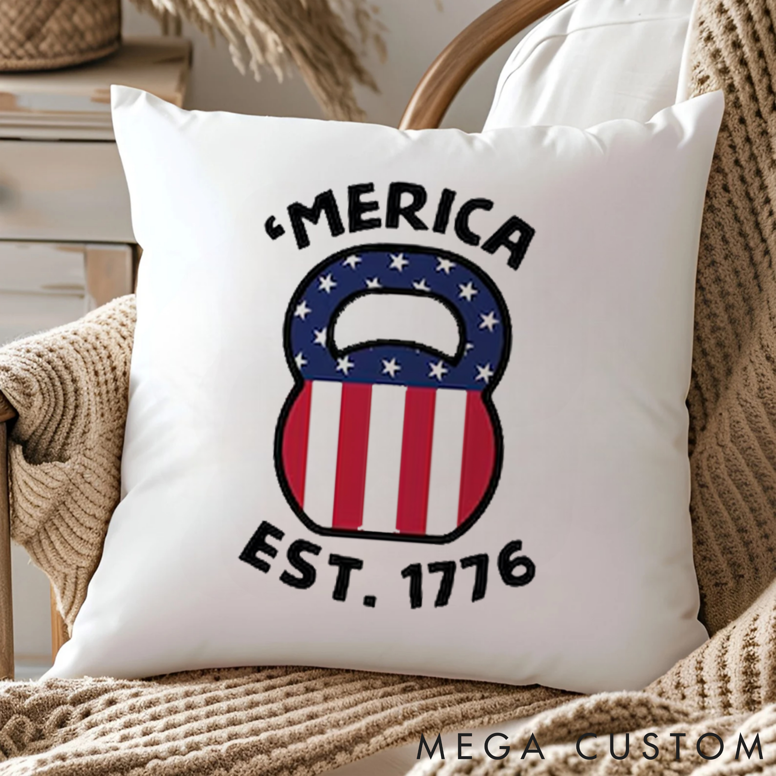Personalized Patriotic Fitness Pillow with American Flag Kettlebell for Fitness Enthusiasts Bodybuilders and Gym Lovers