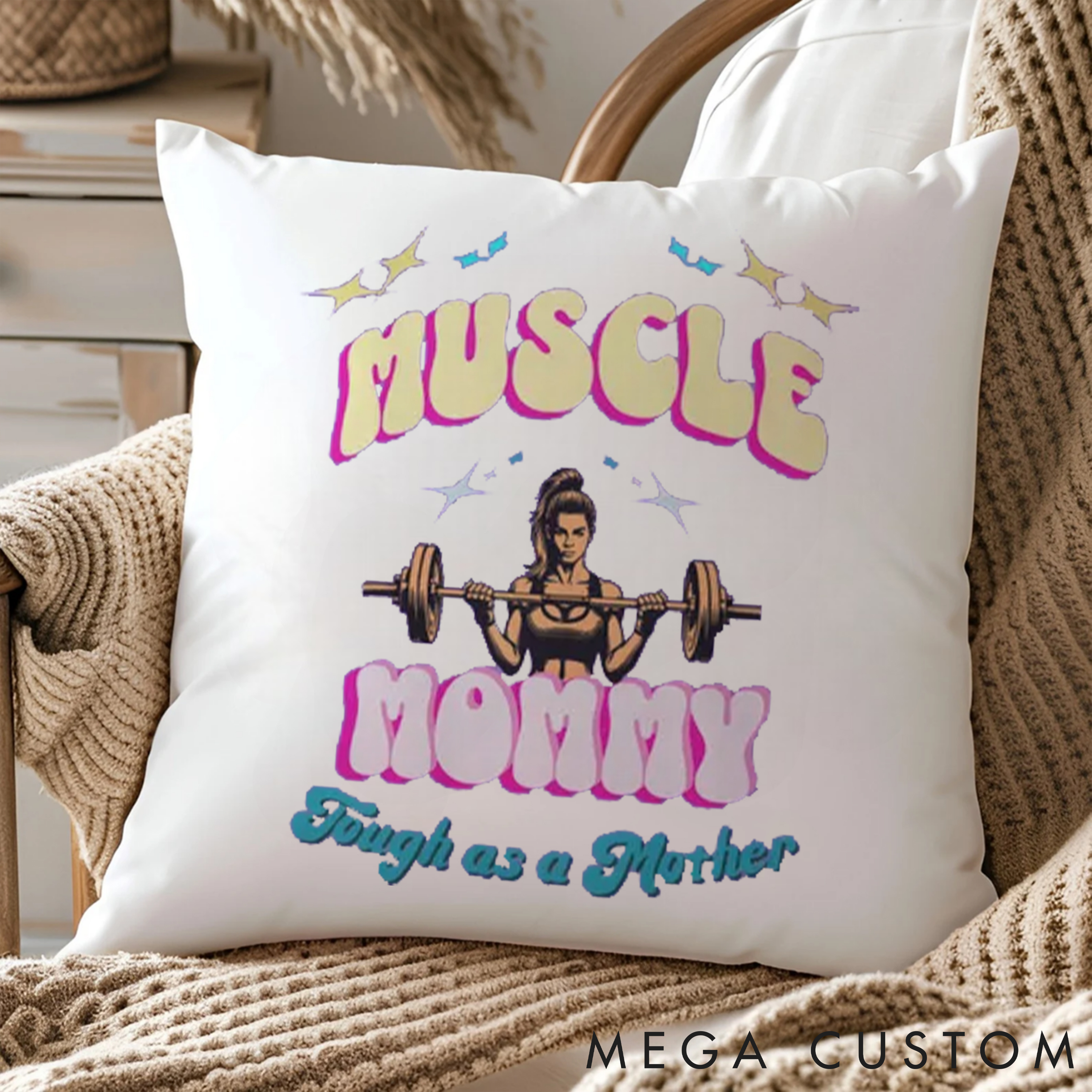Personalized Muscle Mommy Pillow with Bold and Colorful Graphic for Fitness Enthusiasts Bodybuilders and Gym Lovers