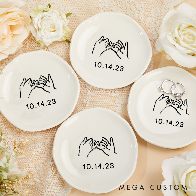 Personalized Minimalist Hand-in-Hand with Date Wedding Engagement Irregular Round Ring Dish