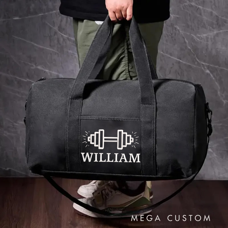 Personalized Embroidery Gym Canvas Duffle Bag Gear Bag Custom Name and Dumbbell Design for Fitness Enthusiast