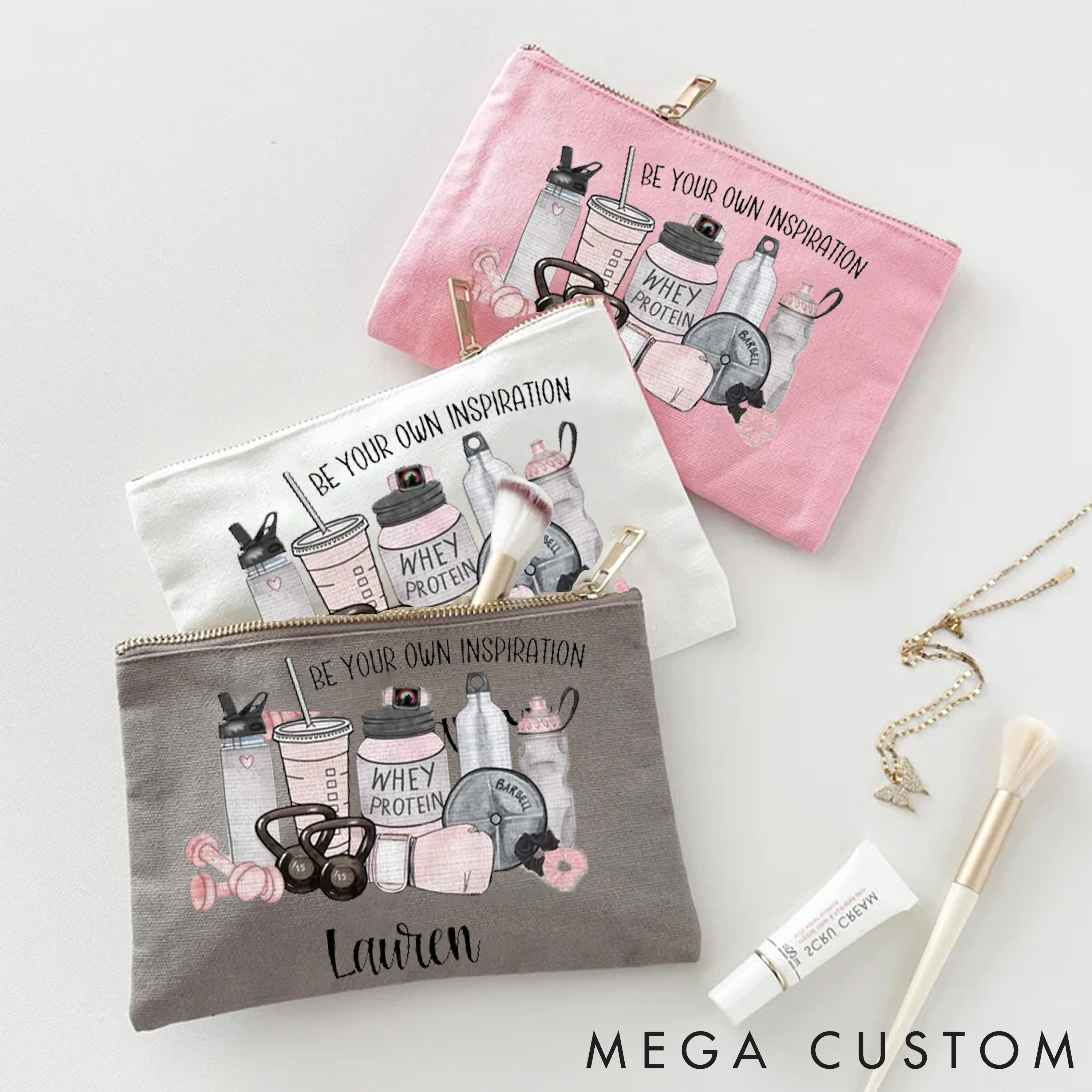 Personalized Fitness Makeup Bag with Be Your Own Inspiration Designs for Fitness Enthusiasts Bodybuilders and Gym Lovers