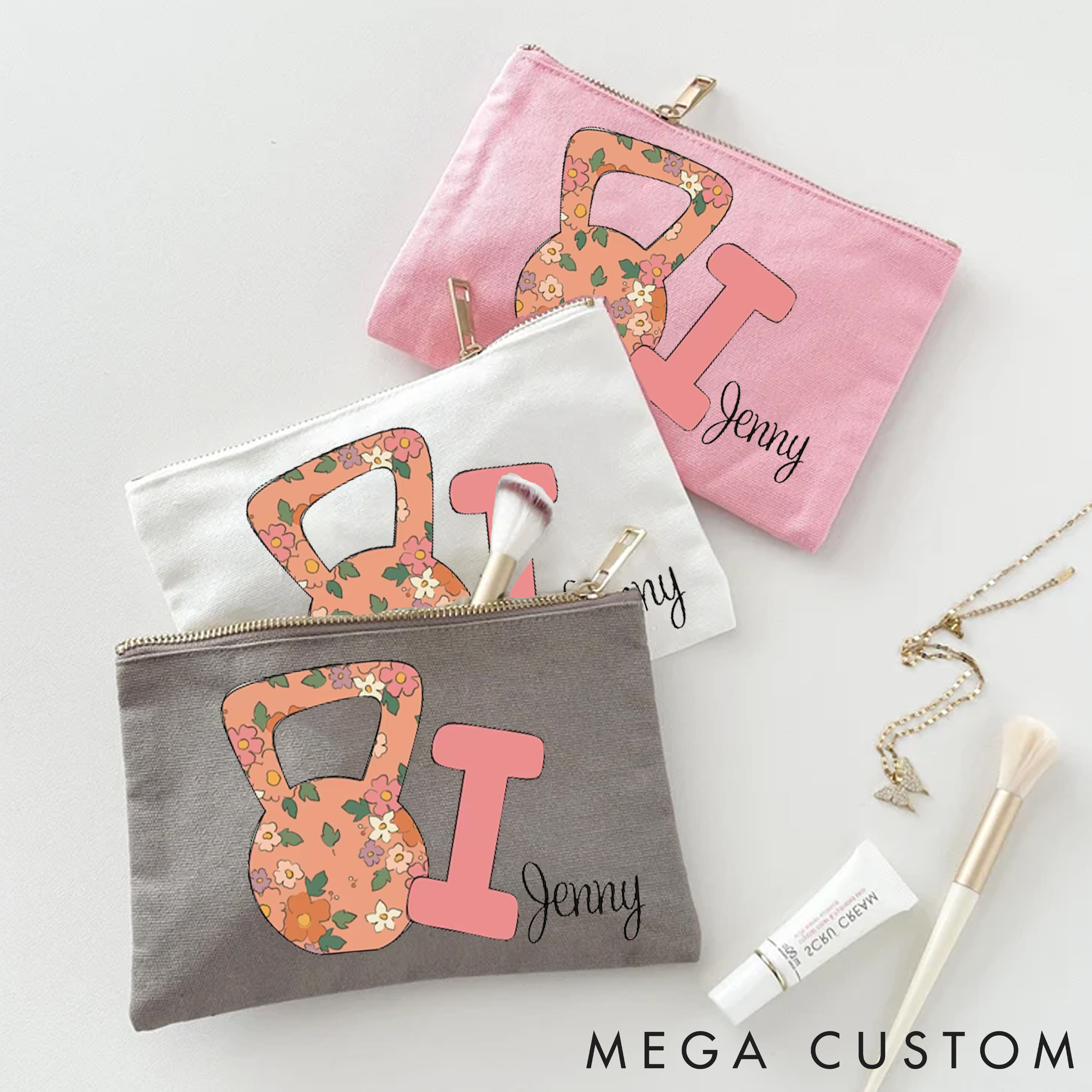 Personalized Floral Kettlebell Makeup Bag with Name for Fitness Enthusiasts Bodybuilders and Gym Lovers