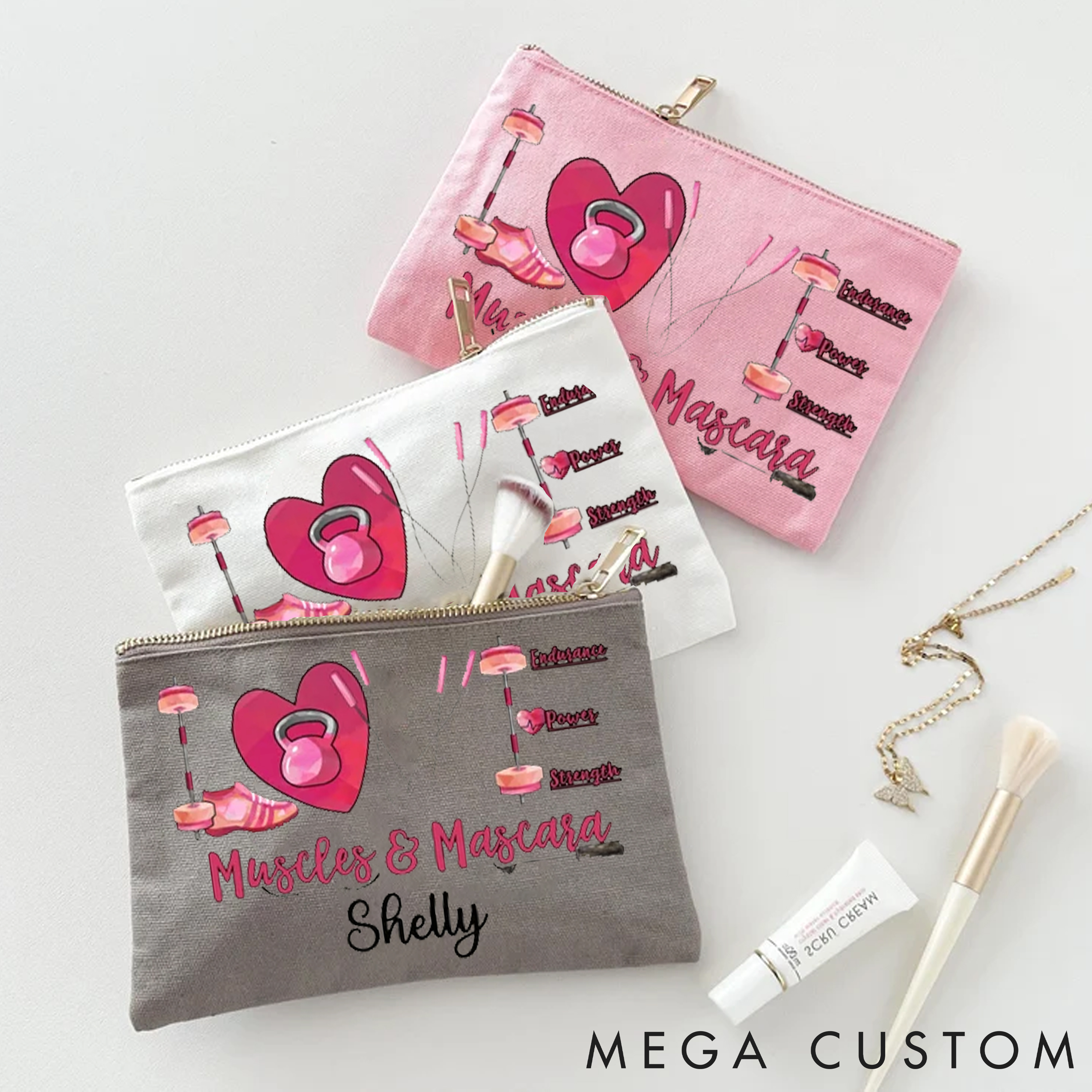 Personalized Muscles Mascara Makeup Bag with Fitness Pouch Name for Fitness Enthusiasts Bodybuilders and Gym Lovers