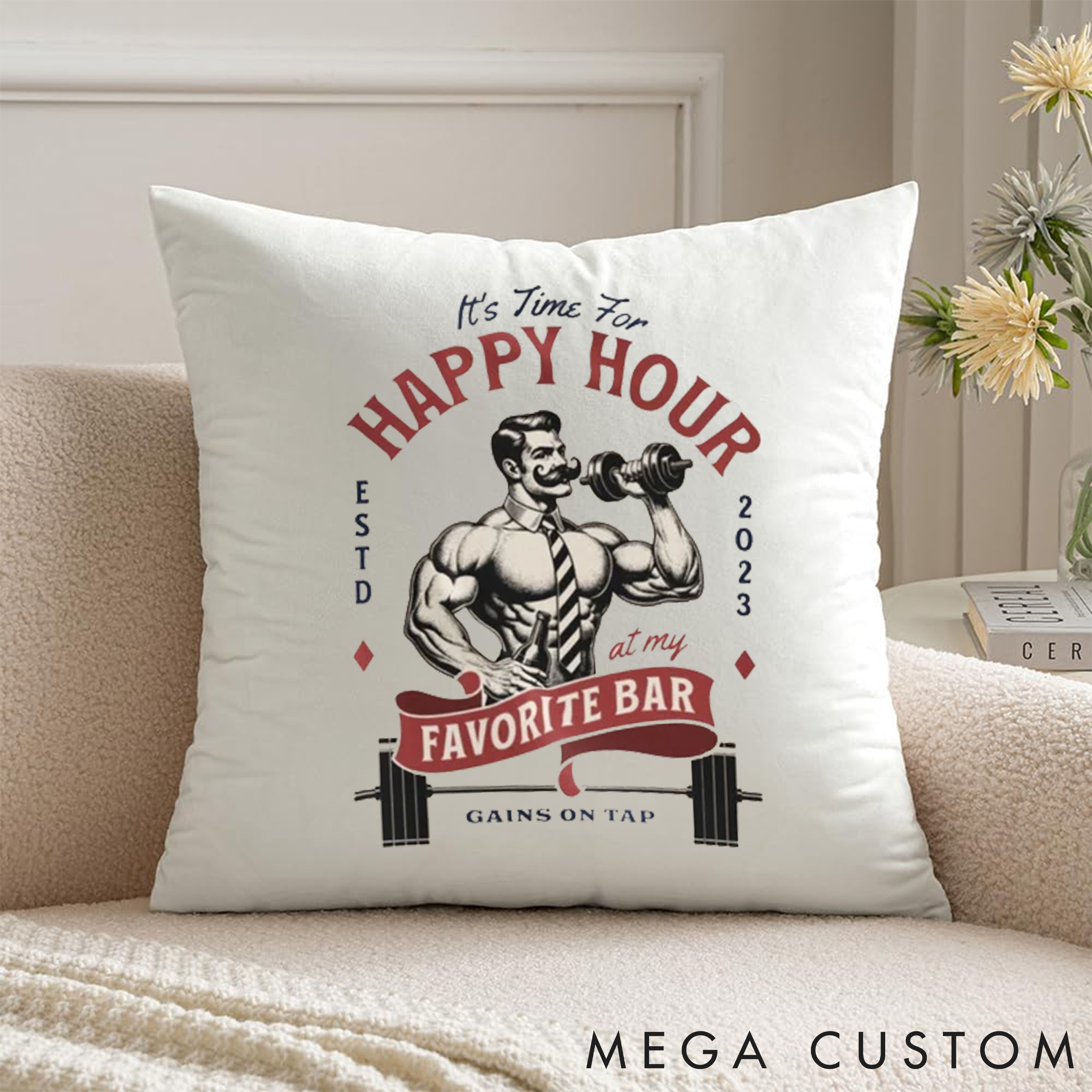 Personalized Happy Hour Gym Pillow with Fitness Themed Decor for Fitness Enthusiasts Bodybuilders and Gym Lovers