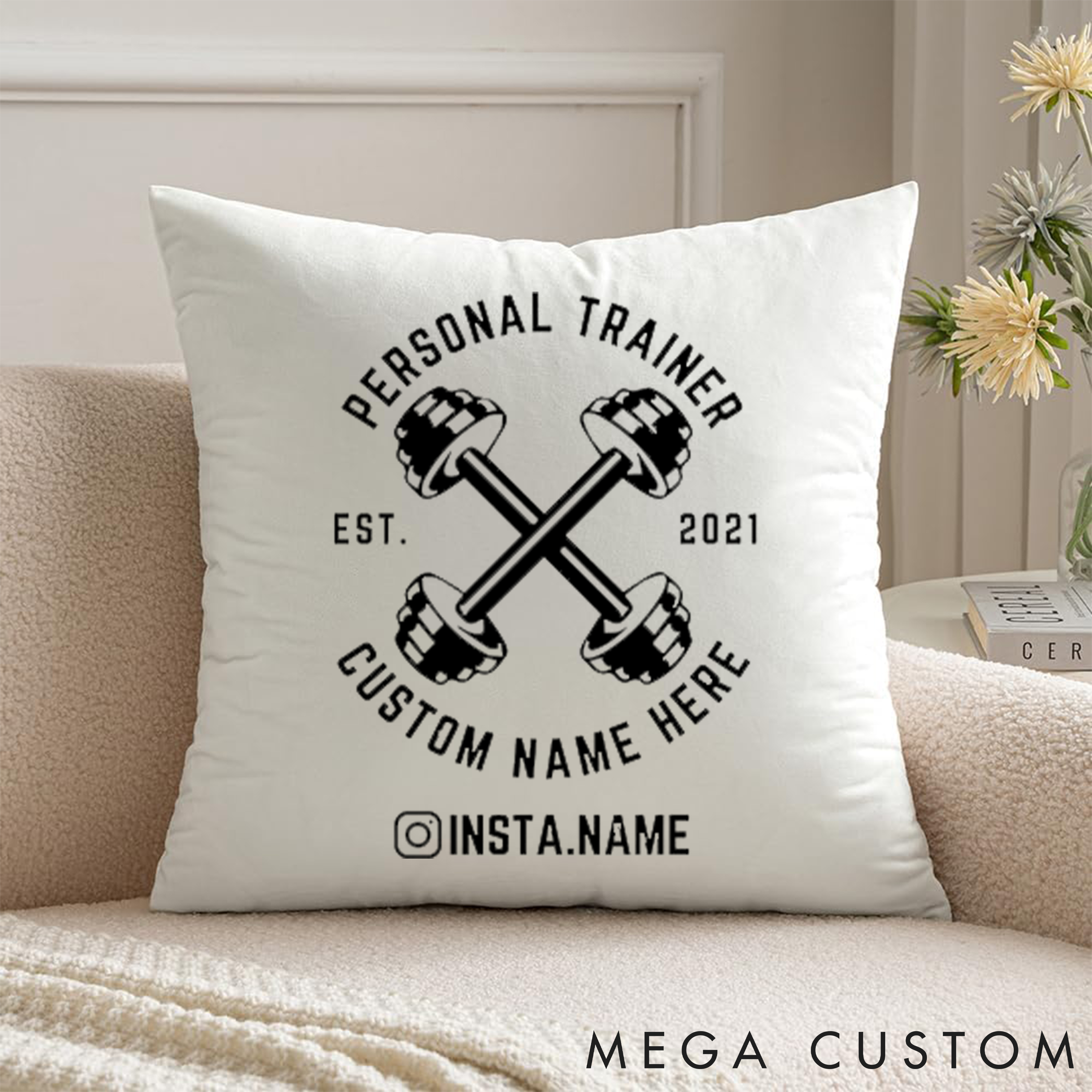 Personalized Personal Trainer Pillow with Dumbbell Design with Your Name for Fitness Enthusiasts Bodybuilders and Gym Lovers