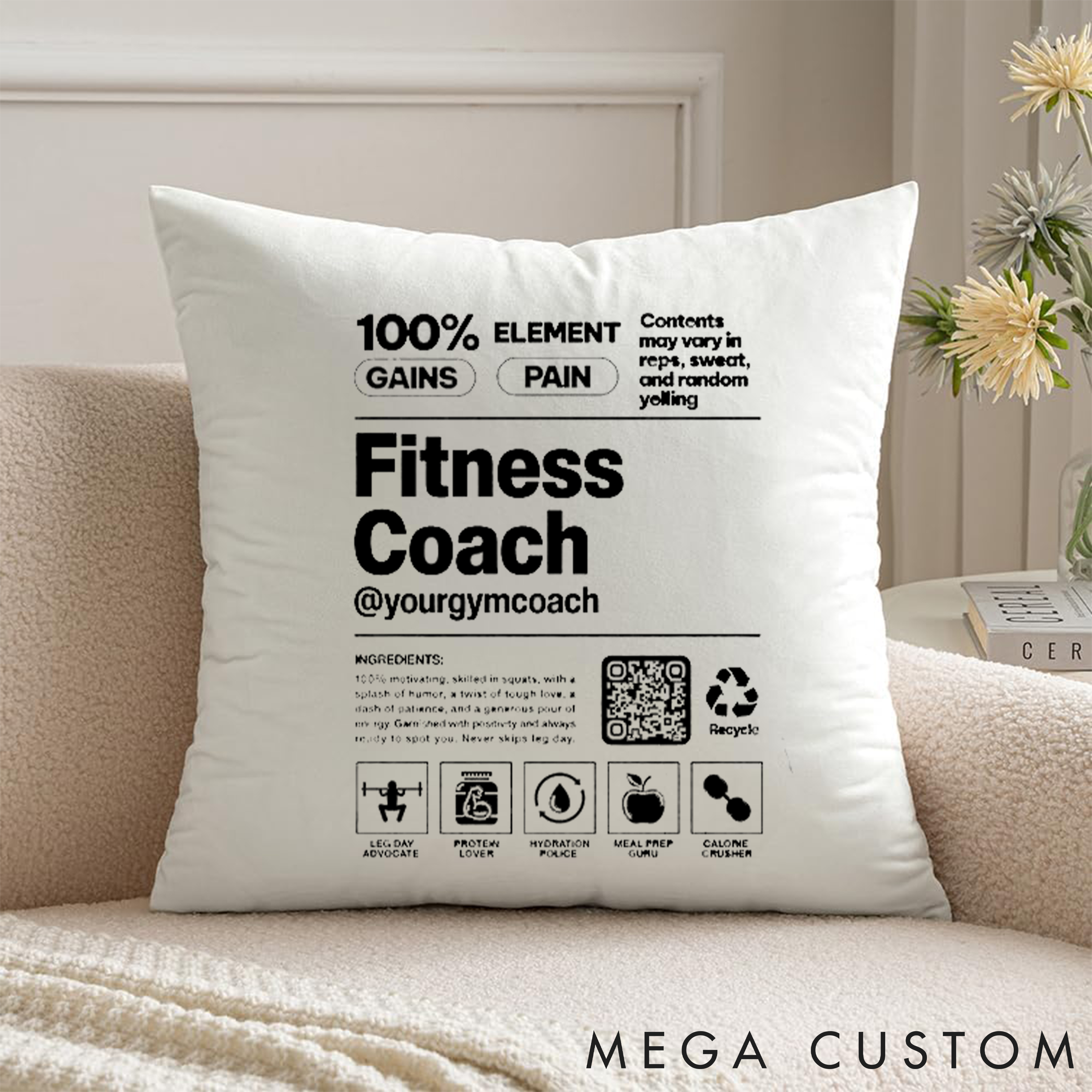 Personalized Fitness Coach Pillow with 100% Gains and Pain for Fitness Enthusiasts Bodybuilders and Gym Lovers