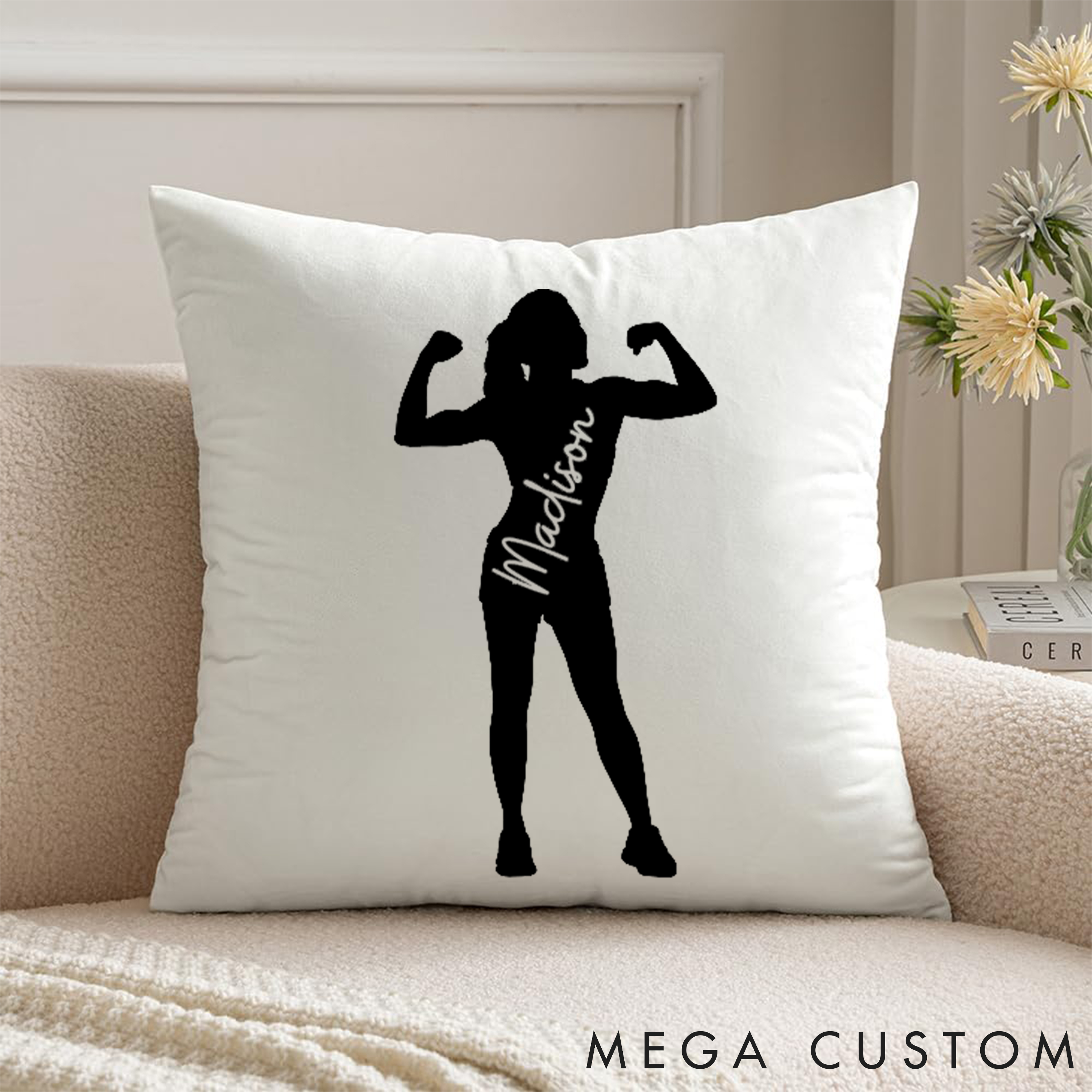 Personalized Fitness Pillow with Strong Woman Silhouette for Fitness Enthusiasts Bodybuilders and Gym Lovers