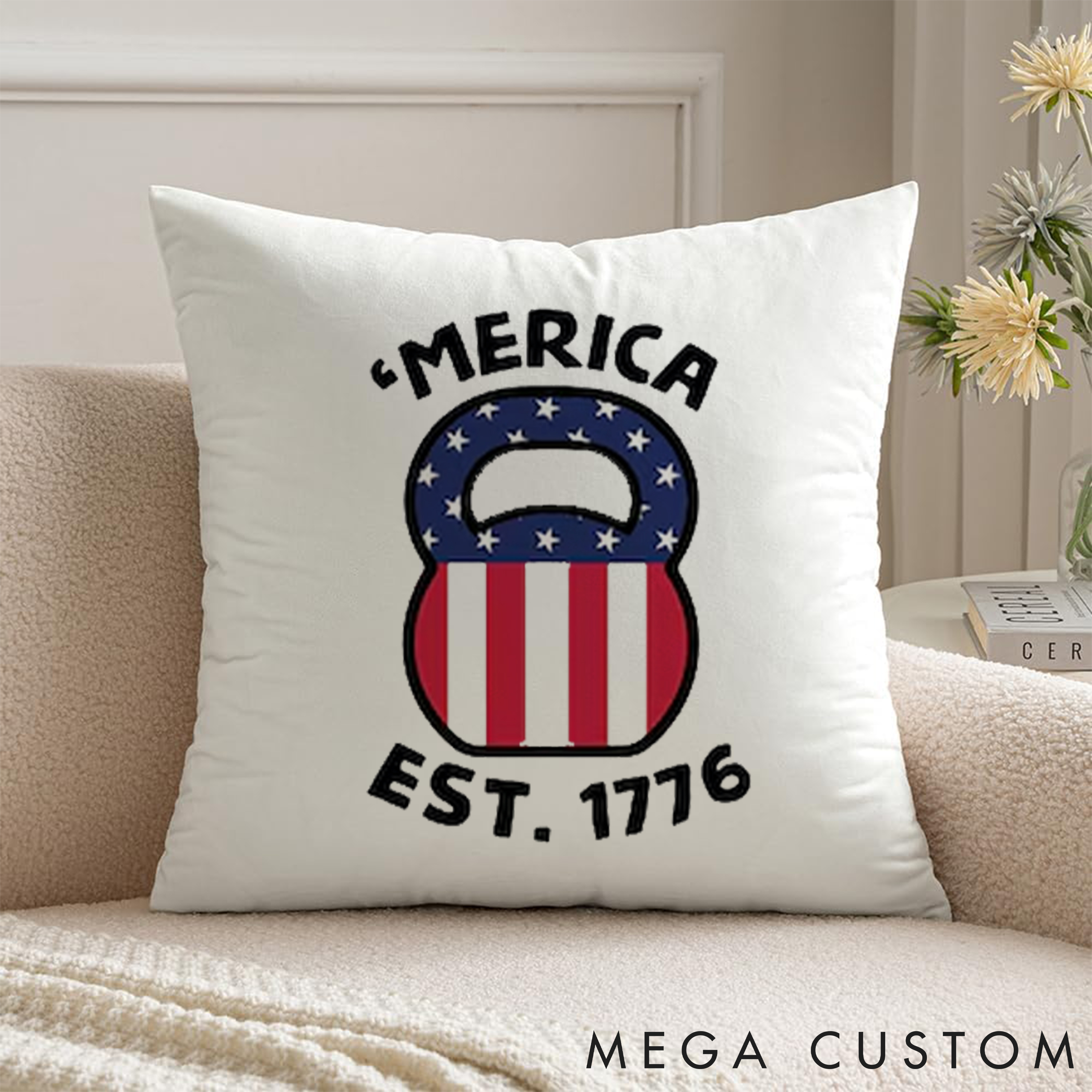 Personalized Patriotic Fitness Pillow with American Flag Kettlebell for Fitness Enthusiasts Bodybuilders and Gym Lovers