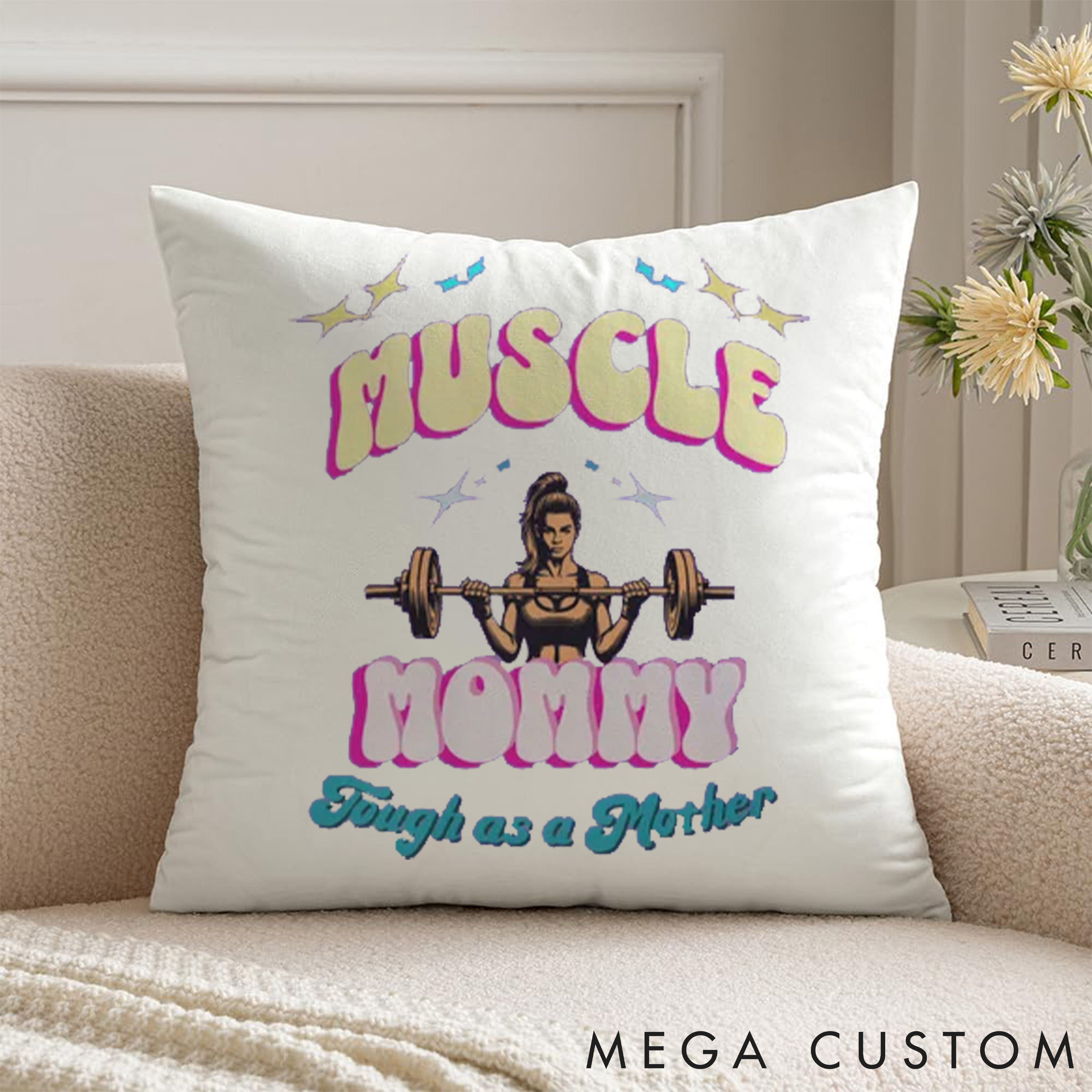 Personalized Muscle Mommy Pillow with Bold and Colorful Graphic for Fitness Enthusiasts Bodybuilders and Gym Lovers