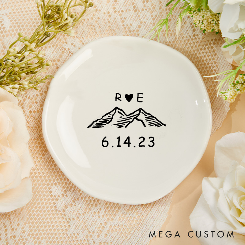 Personalized Mountain Adventure Initials Design with Heart and Date Wedding Engagement Irregular Round Ring Dish