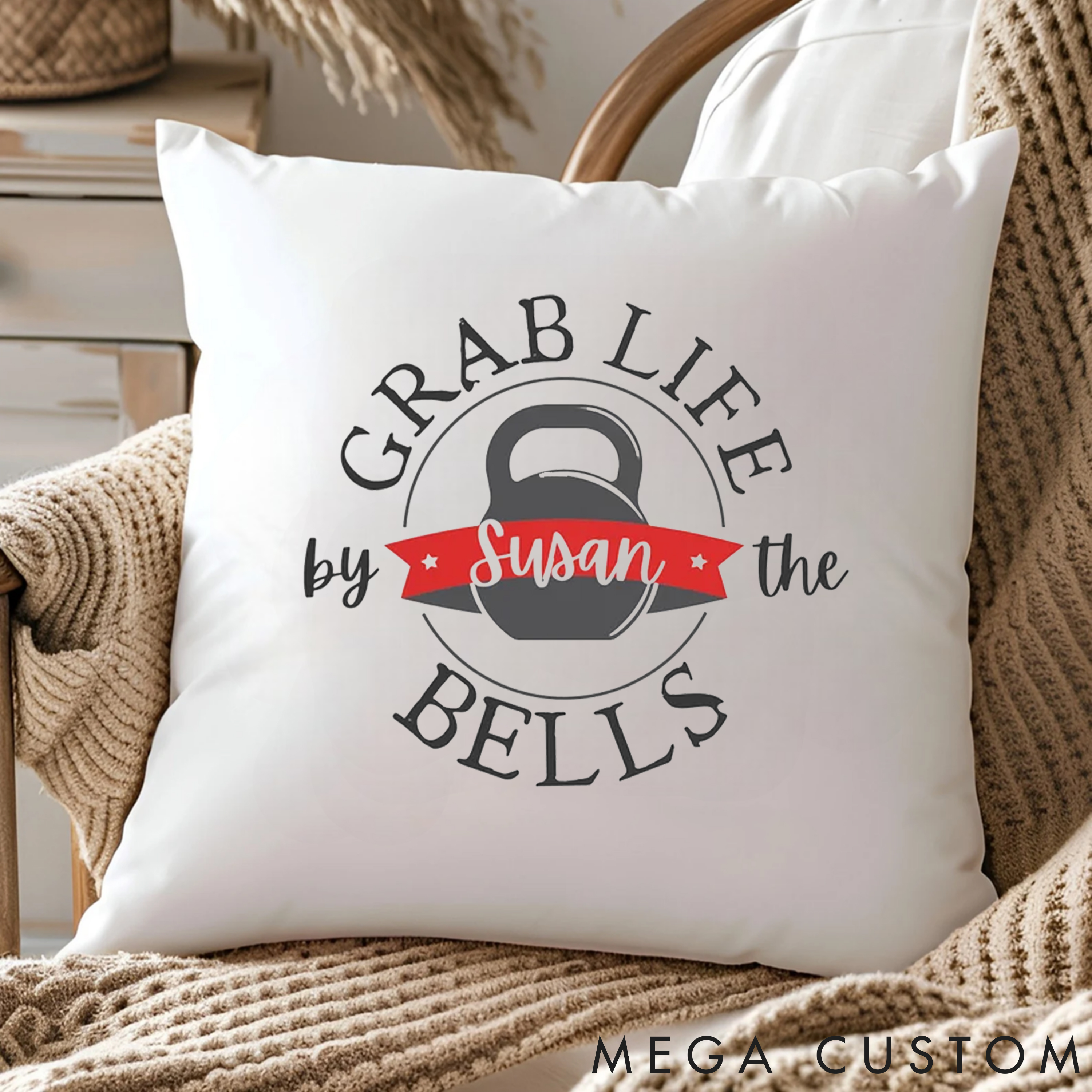 Personalized Grab Life by the Bells Pillow with Fitness Kettlebell for Fitness Enthusiasts Bodybuilders and Gym Lovers