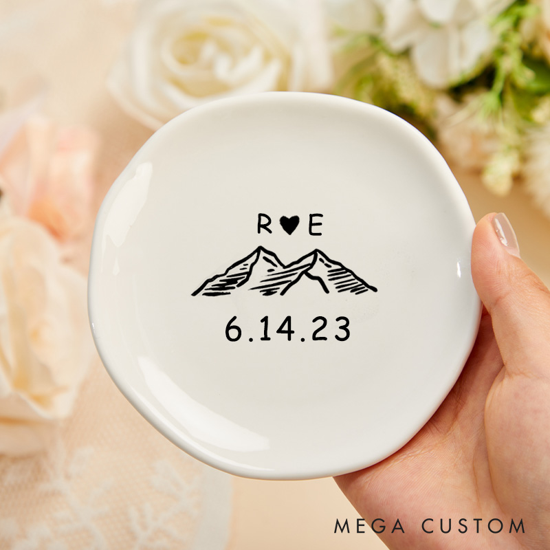 Personalized Mountain Adventure Initials Design with Heart and Date Wedding Engagement Irregular Round Ring Dish