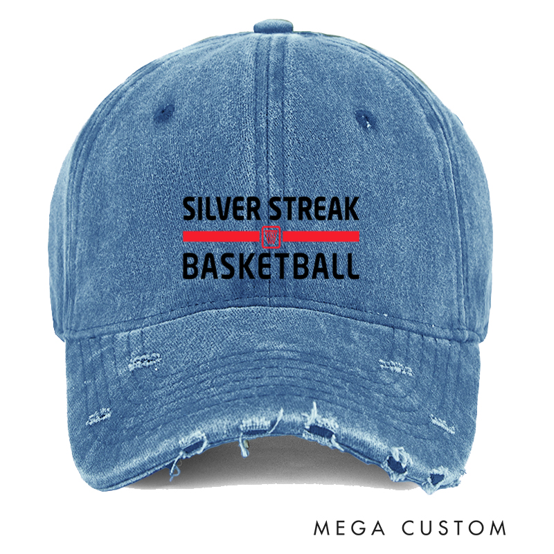 Personalized Distressed Denim Basketball Cap with Custom Team Name and Classic Design