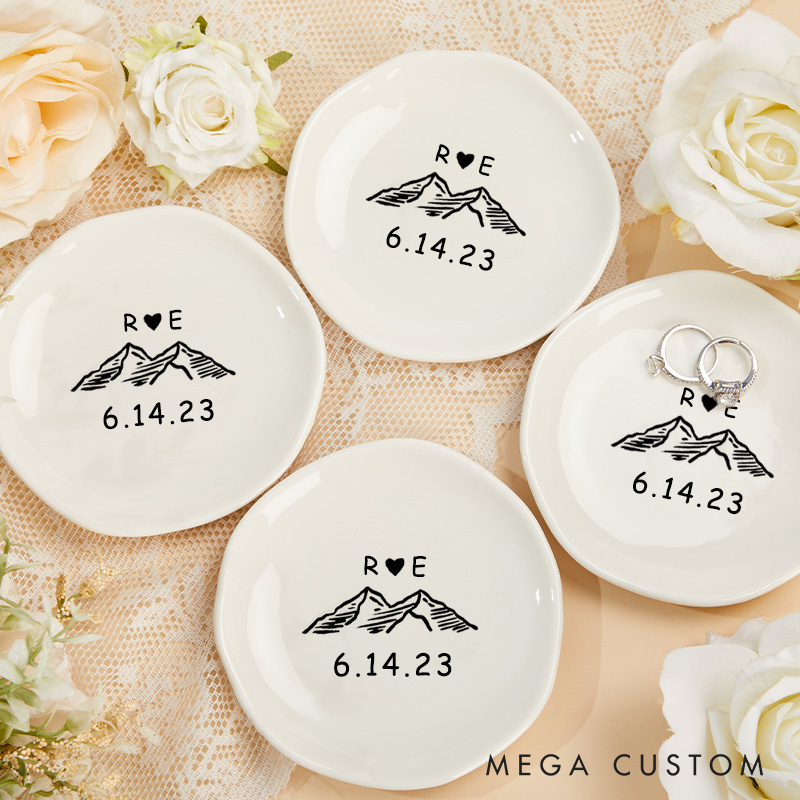 Personalized Mountain Adventure Initials Design with Heart and Date Wedding Engagement Irregular Round Ring Dish