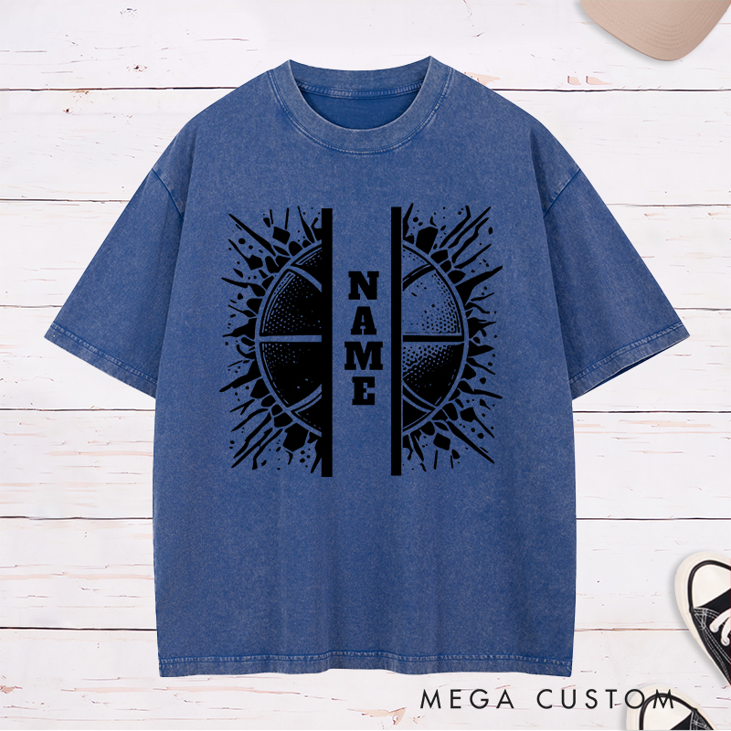 Personalized Washed T-Shirt Design Featuring Split Basketball Graphic with Customizable Vertical Name