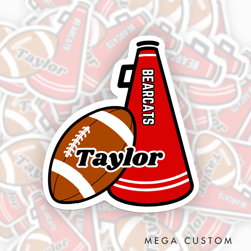 Personalized American Football and Rugby Cheerleader Megaphone Sticker with Custom Team Name and Player Name