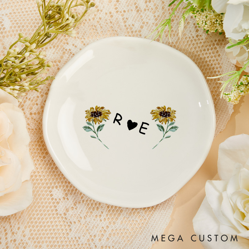 Personalized Cheerful Watercolor Sunflowers with Initials and Heart Wedding Engagement Irregular Round Ring Dish