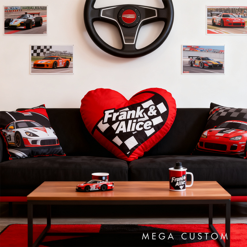 Personalized Custom Name Heart Pillow 3D Graphic Print Cushion Gift for Racers and Car Lovers