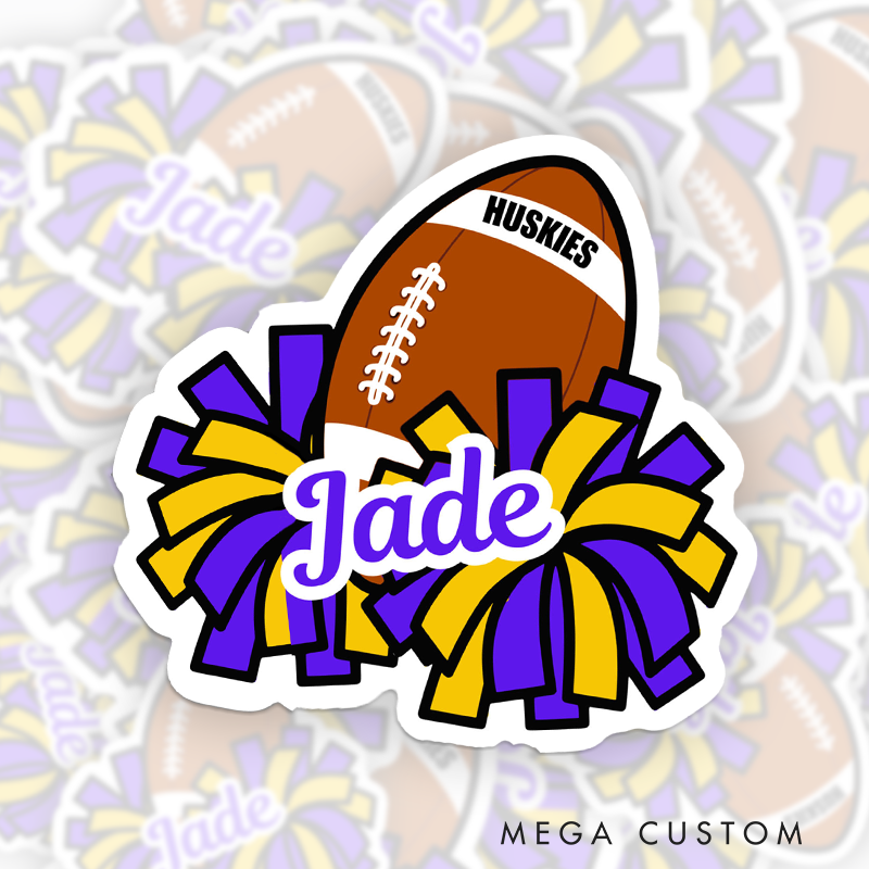 Personalized American Football and Rugby Cheerleader Name Sticker with Custom Team Name and Player Name