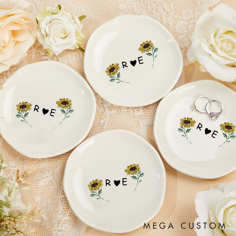 Personalized Cheerful Watercolor Sunflowers with Initials and Heart Wedding Engagement Irregular Round Ring Dish