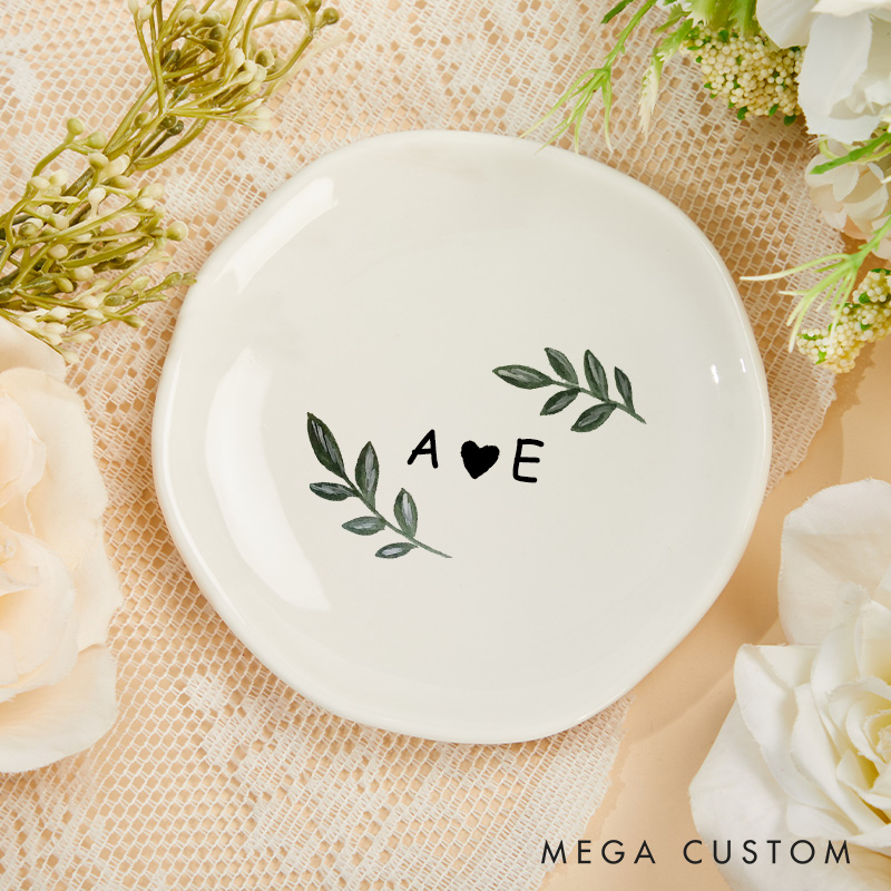 Personalized Simple Watercolor Oliver with Initials and Heart Wedding Engagement Irregular Round Ring Dish