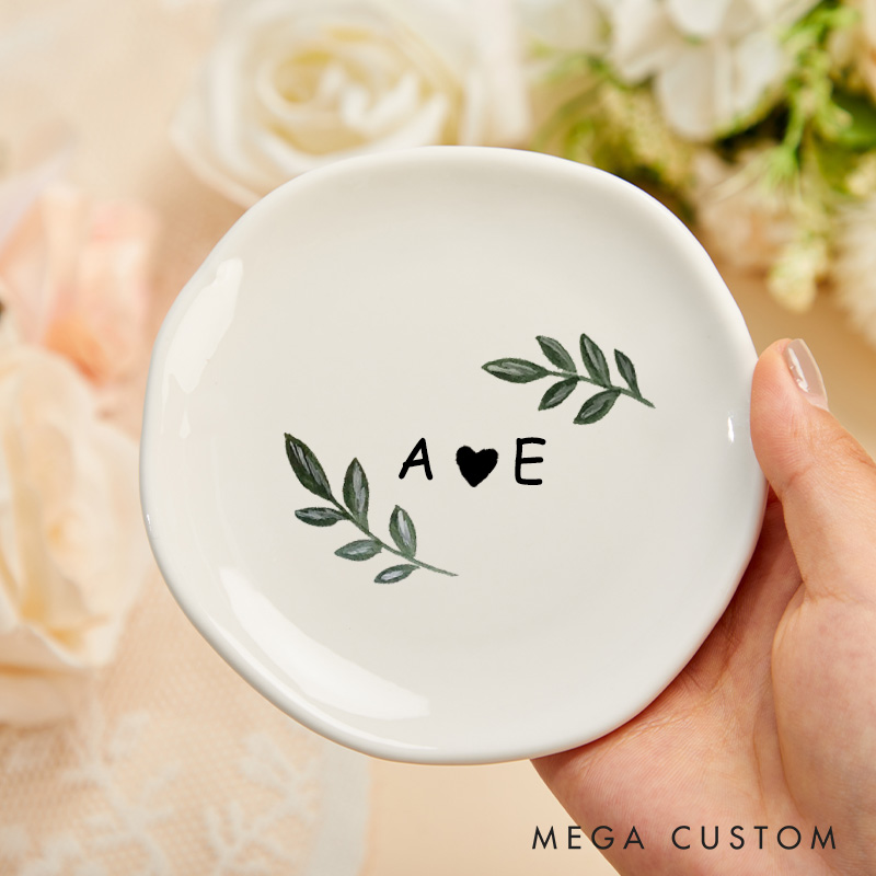 Personalized Simple Watercolor Oliver with Initials and Heart Wedding Engagement Irregular Round Ring Dish