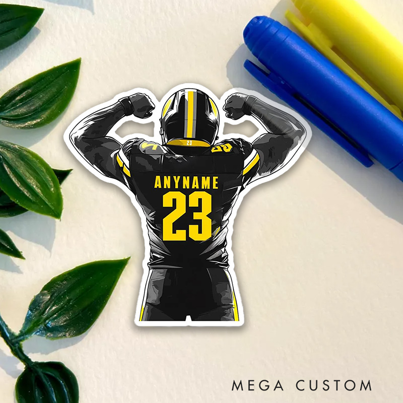 Personalized American Football Player Sport Sticker with Custom Name and Number for Water Bottle Laptop