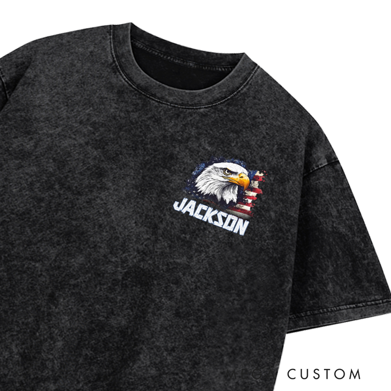Personalized Firefighter Washed T-Shirt American Firefighter Bald Eagle and Flag Patriotic Design Unique Gift for Firefighters
