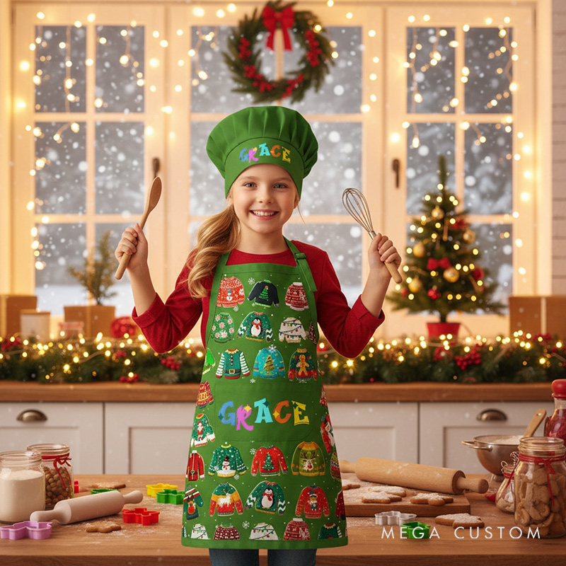 Personalized Ugly Sweater Baking Cookies Adjustable Kid Apron Chef Hat Set with Pocket and Name for Christmas Baking Birthday Holiday Gift for Kids
