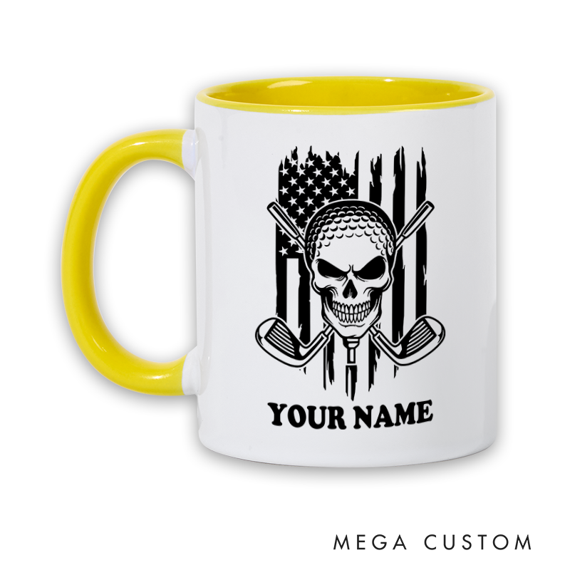 Personalized Skull Golf Mug with Custom Name and American Flag Design Unique Gift for Golf Lovers