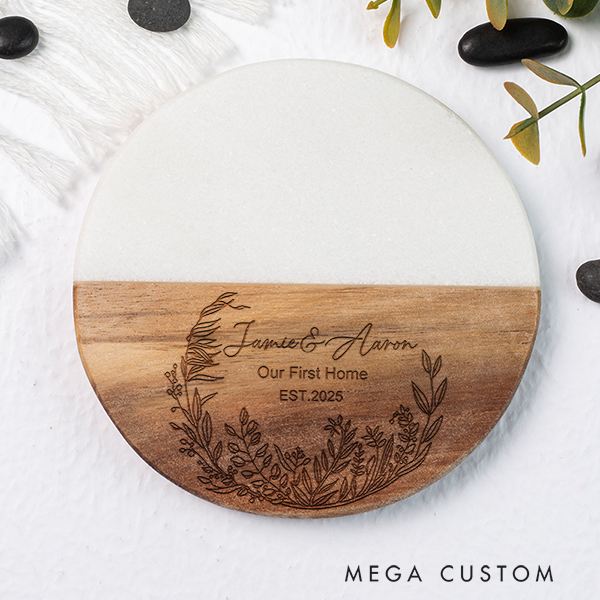 Personalized Coasters Custom Marble and Wood Coaster Floral Wreath Our First Home Coaster Wedding Housewarming Gift New Home Gift Anniversary Gift