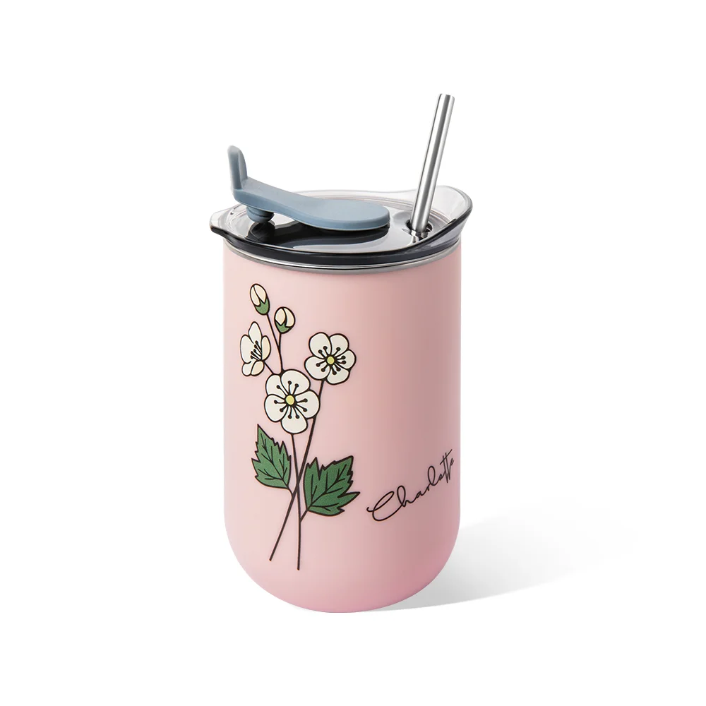Personalized Watercolor Birth Flower Tumbler with Name Insulated Coffee Straw Tumbler Housewarming Birthday Party Favor Gift Trip Girl  Gift 