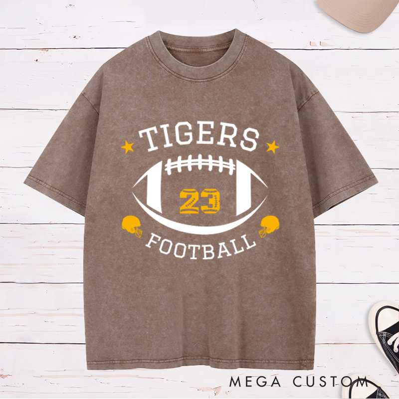 Personalized American Football Bold Team Design Washed T-Shirts with Custom Team Name and Number on the Front