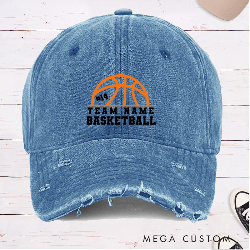 Personalized Distressed Denim Basketball Cap with Custom Team Name Player Number and Basketball Graphic Design