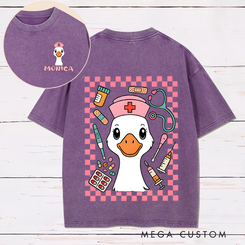Personalized Two Sides Printed Washed T-Shirt Customized Nurse Goose Fun Design Washed T-Shirt 