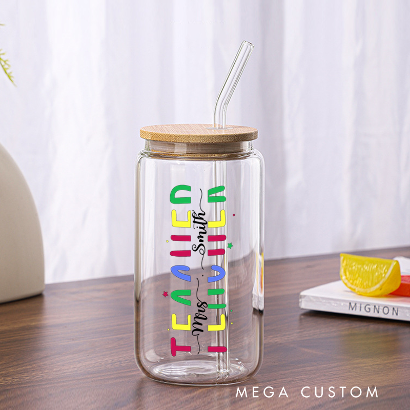 Personalized Teacher Tumbler with Lid and Straw Color Teacher Custom Glass Coffee Cup Teacher Appreciation Gift
