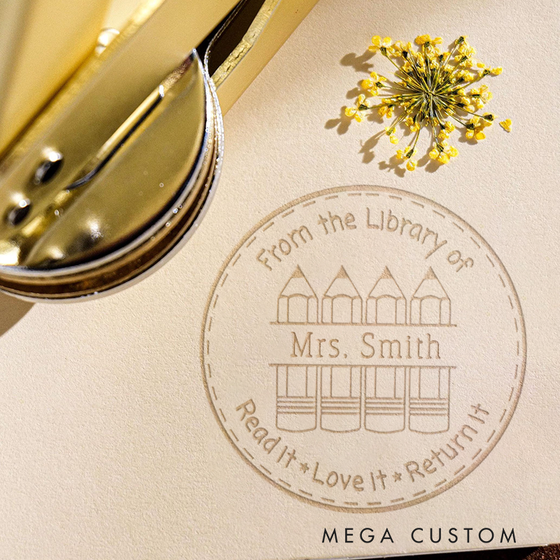 Personalized Teacher Book Embosser Stamp with Pencils Design Thoughtful Gift for Teachers