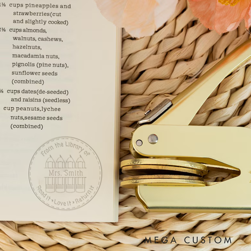 Personalized Teacher Book Embosser Stamp with Pencils Design Thoughtful Gift for Teachers