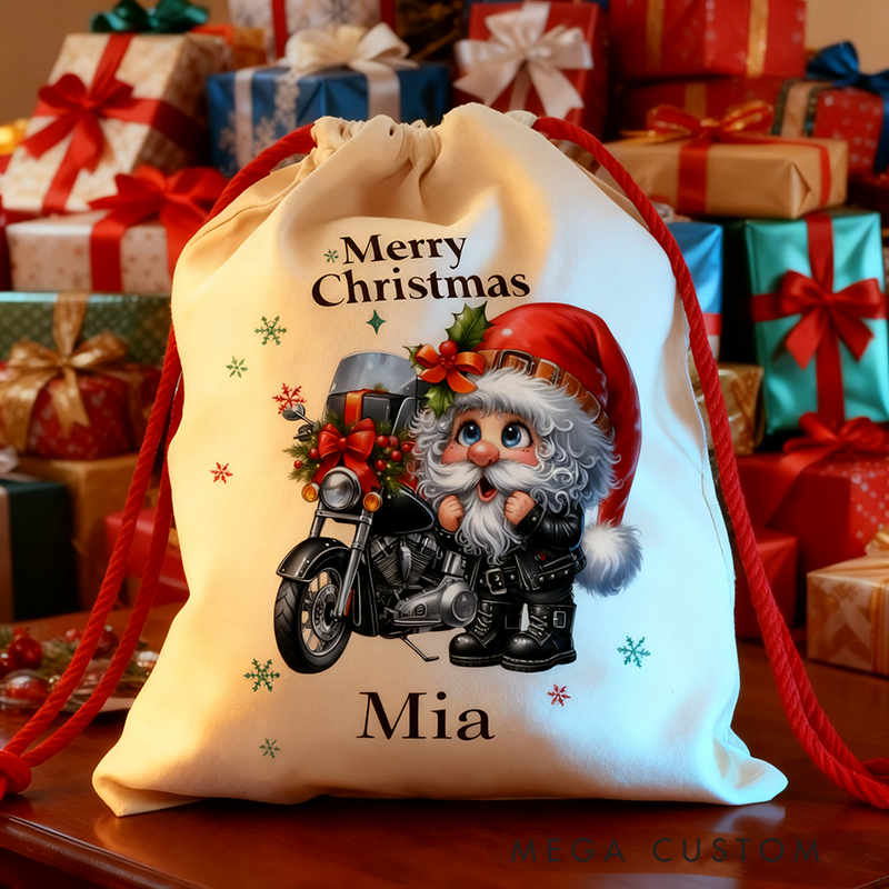 Personalized Jolly Rider Santa Sack Custom Name and Size Gift Bag Vintage Christmas Bag