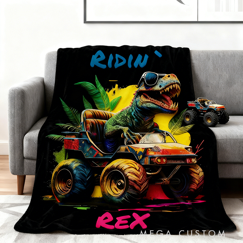 Personalized Dinosaur Truck Racing Blanket Custom Name Throw Blanket Gift