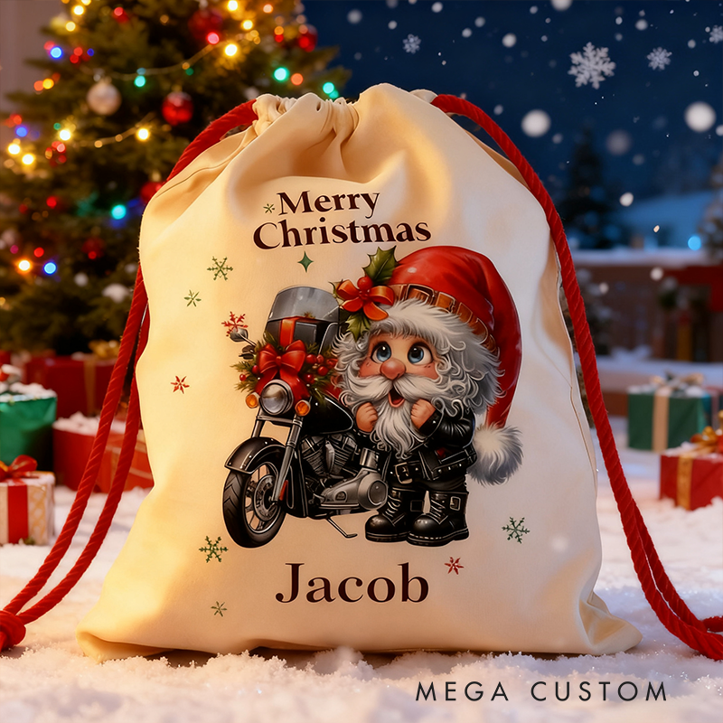 Personalized Jolly Rider Santa Sack Custom Name and Size Gift Bag Vintage Christmas Bag