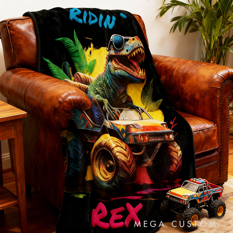 Personalized Dinosaur Truck Racing Blanket Custom Name Throw Blanket Gift