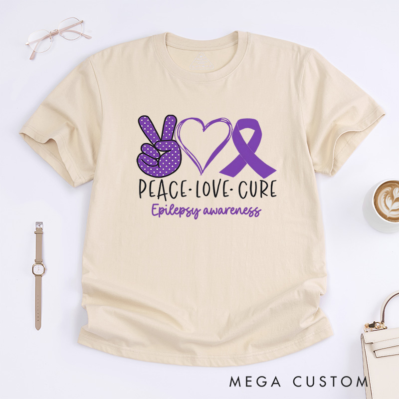 Personalized Peace Love Cure Hearts and Ribbon Design Supporting Epilepsy Awareness and Positivity T-shirt