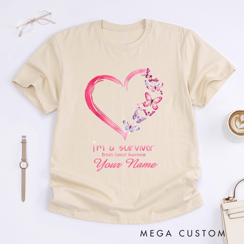 Personalized I Am A Survivor Breast Cancer Awareness Heart And Butterfly Support T-Shirt  