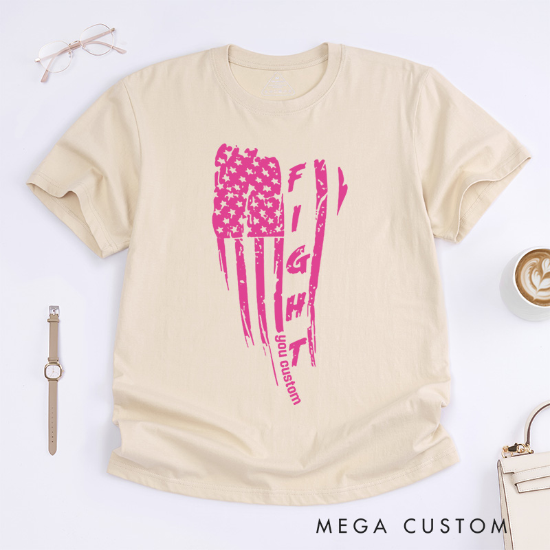 Personalized Fight American Flag Breast Cancer Ribbon Design Supporting Strength and Resilience T-shirt