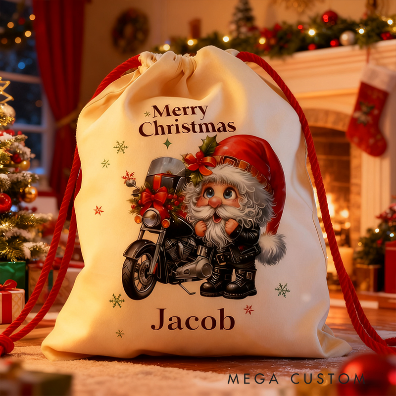 Personalized Jolly Rider Santa Sack Custom Name and Size Gift Bag Vintage Christmas Bag
